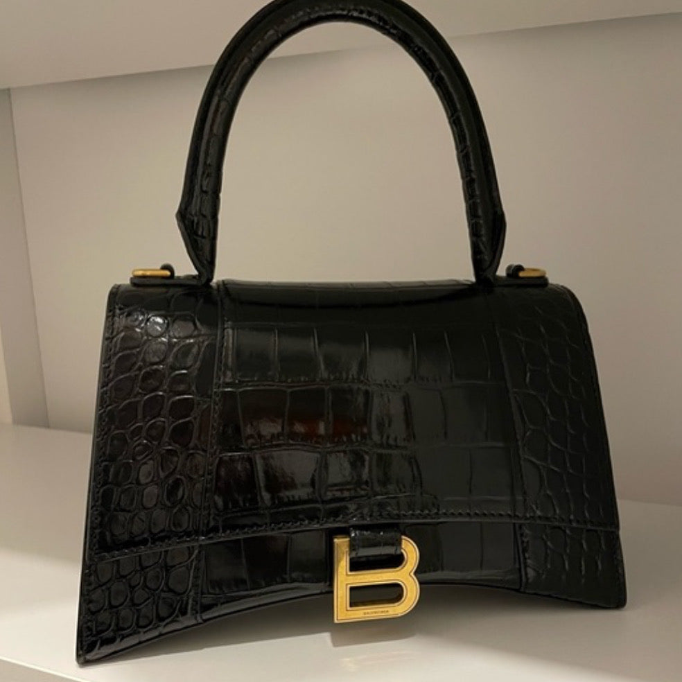 Balenciaga Hourglass Small | Black Croc-Embossed