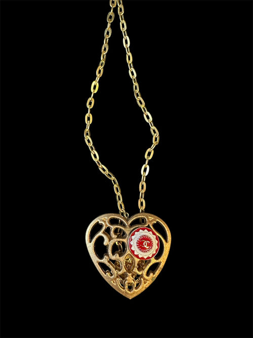 Authentic "Chanel Button "Heart Necklace – Vintage Red Logo on Filigree Gold Pendant